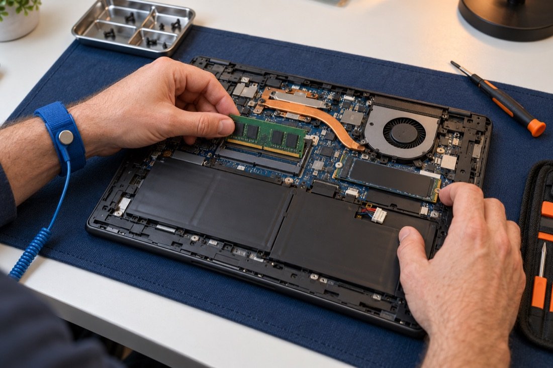 Hands fitting a memory module inside an opened laptop on a repair bench.