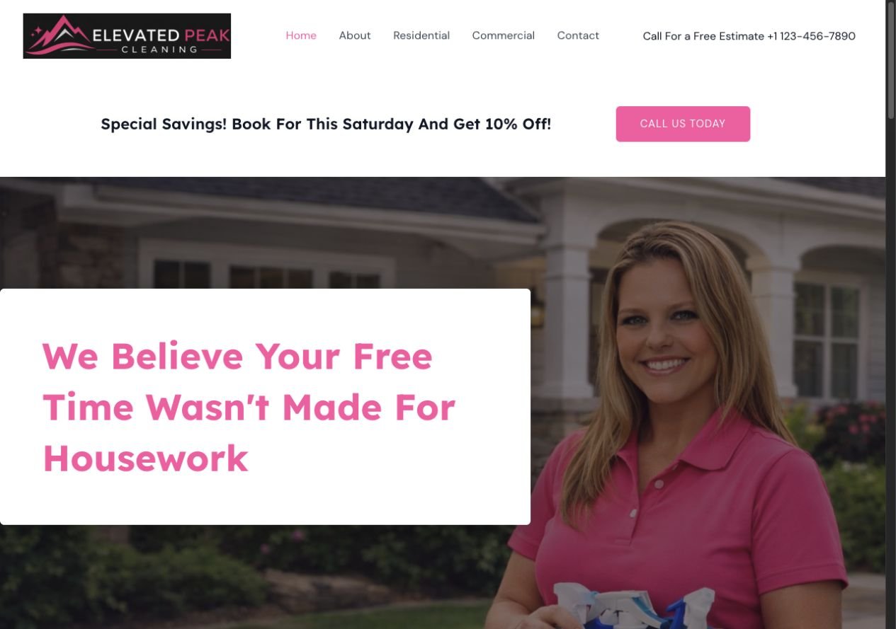 Elevated Peak Cleaning homepage with its mountain logo, pink accents, and a cleaning services hero image.
