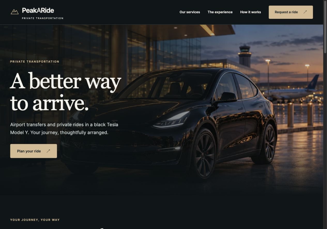 PeakARide homepage with a black Tesla Model Y, cinematic dark styling, and warm gold ride-request buttons.