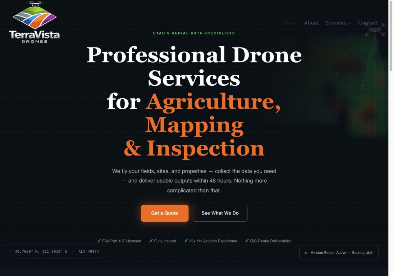 TerraVista Drones homepage with a dark aerial-data theme, orange headings, and a prominent quote button.